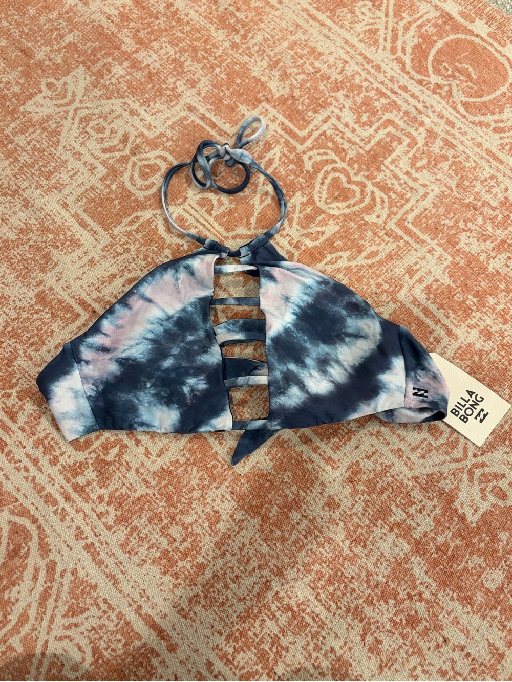 NWT Billabong M Blue Black Tidalwave High Neck Bikini Top Cutout Swimwear